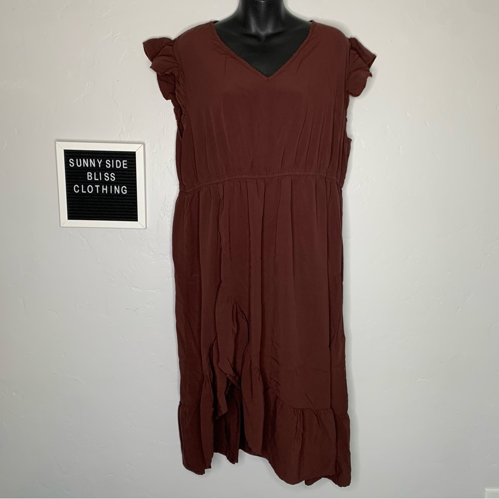 Rusty Dusty Burnt Orange Red Asymmetrical Midi Dress 3XL Ruffle V Neck